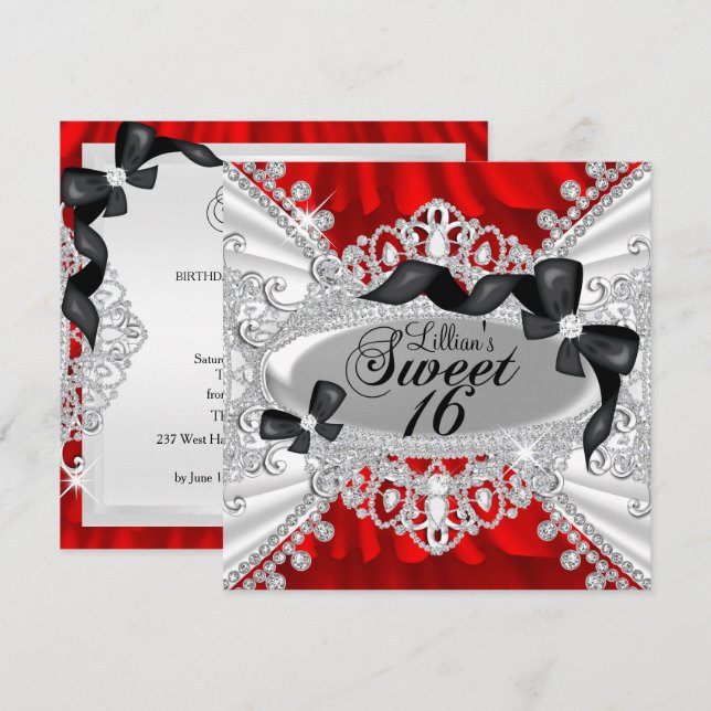 Invitación dulce 16 con diamante de brillo rojo y  (Anverso / Reverso)