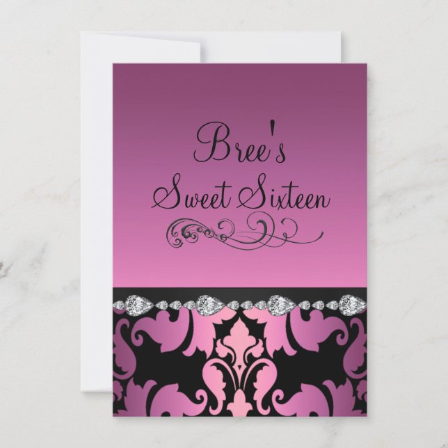 Invitación dulce 16 con imagen de damasco rosa y d (Anverso)