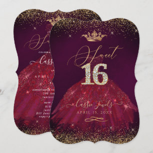 Invitación Dulce 16 Confetti de oro de Borgoña+Corona de prin