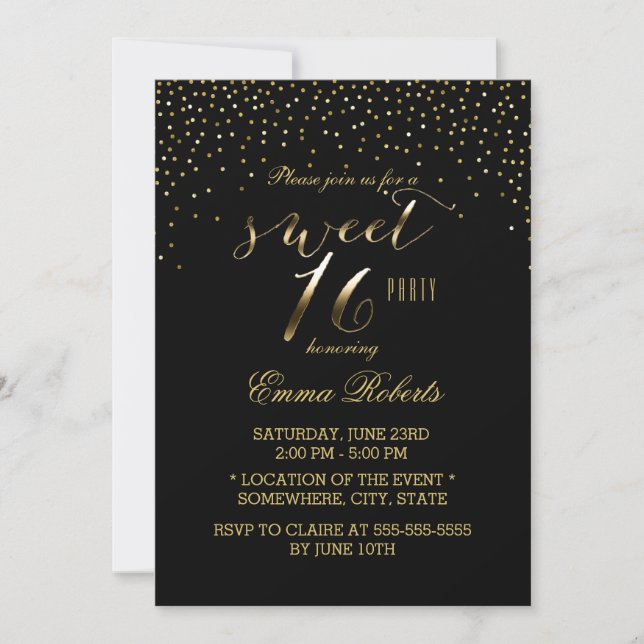 Invitación Dulce 16 Confetti de oro moderno elegante negro (Anverso)