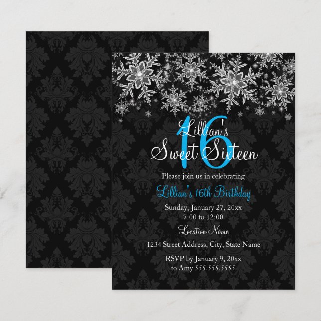 Invitación dulce 16 copo de nieve de cristal azul (Anverso / Reverso)