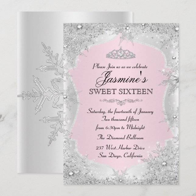 Invitación dulce 16 copo de nieve plateado rosa in (Anverso / Reverso)