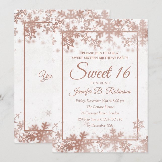 Invitación Dulce 16 copos de nieve blancos subiós cumpleaños (Anverso / Reverso)