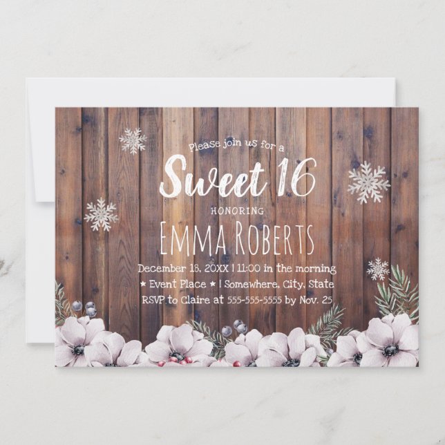 Invitación Dulce 16 copos de nieve con flores de invierno rús (Anverso)