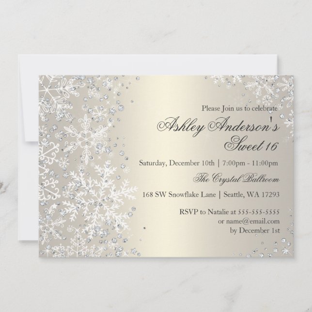 Invitación Dulce 16 copos de nieve de invierno Wonderland (Anverso)