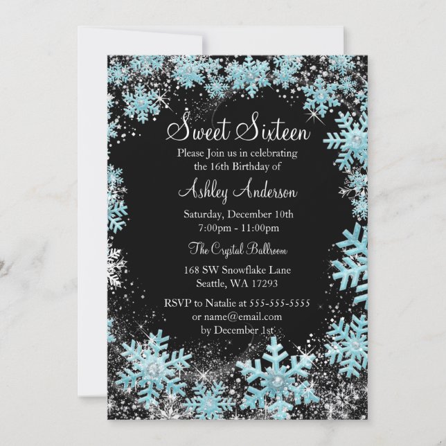 Invitación Dulce 16 copos de nieve de invierno Wonderland (Anverso)