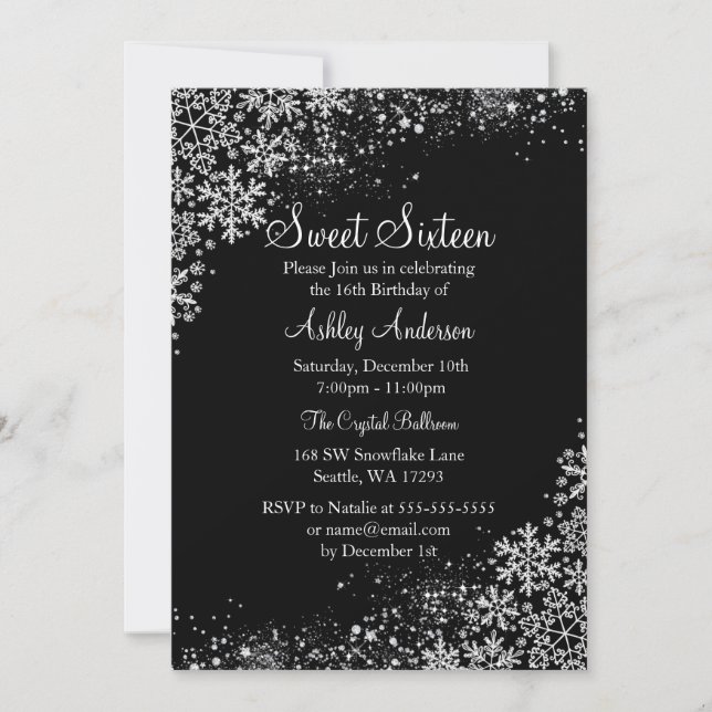 Invitación Dulce 16 copos de nieve de invierno Wonderland (Anverso)