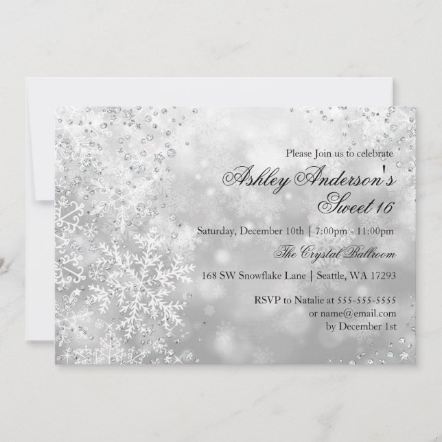 Invitación Dulce 16 copos de nieve de invierno Wonderland (Anverso)