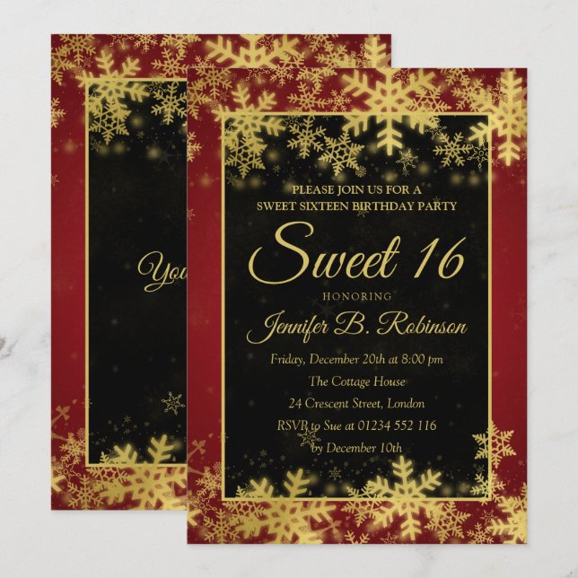 Invitación Dulce 16 Copos de nieve rojos y Relieve metalizado (Anverso / Reverso)