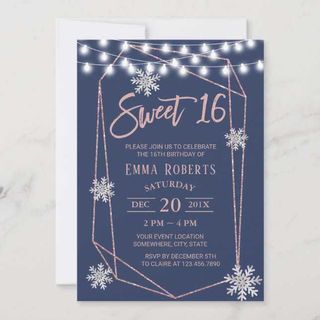 Invitación Dulce 16 copos de nieve Rosa geométrico oro azul d (Anverso)