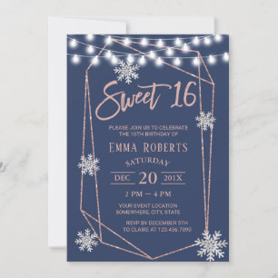 Invitación Dulce 16 copos de nieve Rosa geométrico oro azul d