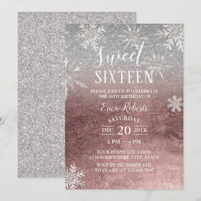 Invitación Dulce 16 copos de nieve Rosa oro y plata (Anverso / Reverso)