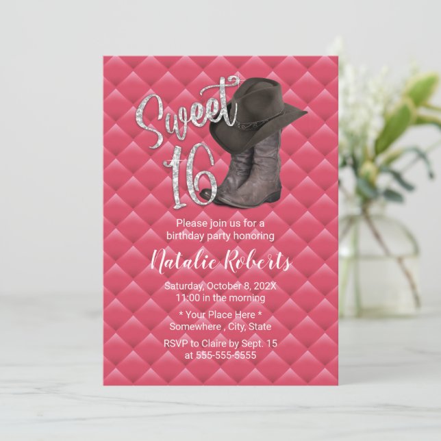 Invitación Dulce 16 Cowgirl Pink Quilted De Lujo Cumpleaños (Anverso de pie)