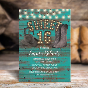 Invitación Dulce 16 Cowgirl Rustic Barn Wood Verde azulado Oc