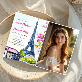 Invitación Dulce 16 cumpleaños acuarela Floral Eiffel Foto