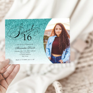 Invitación Dulce 16 cumpleaños Aqua Blue Purpurina Glam Photo