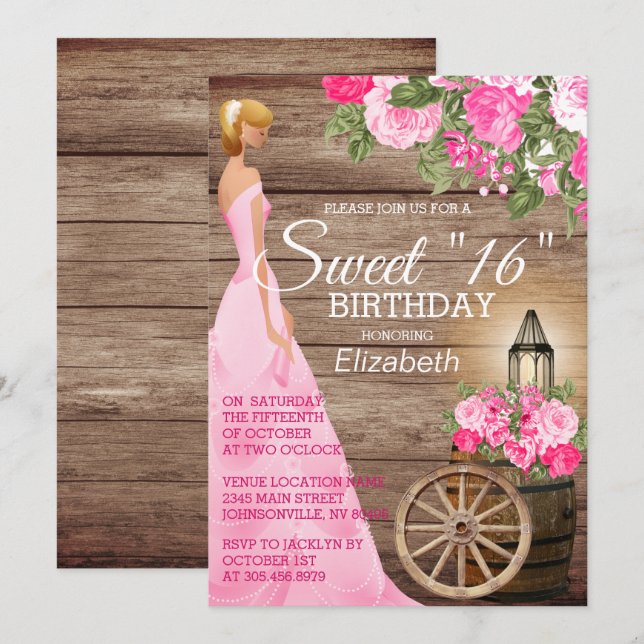 Invitación Dulce 16 Cumpleaños - Barrel de madera y flores ro (Anverso / Reverso)