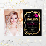 Invitación Dulce 16 cumpleaños Beso rosa Oro foto negra<br><div class="desc">Dulce rosado de oro negro foto dulce 16 cumpleaños. Dulce invitación a la fiesta de cumpleaños dieciséis con tu foto. Incluye fuente de guión,  beso de labios y confeti. Elegante diseño rosa fucsia negra con falso oro purpurina. Perfecto para una elegante celebración del día 16.</div>