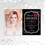 Invitación Dulce 16 cumpleaños Beso rosa Plata Foto negra<br><div class="desc">Beso rosado Plata Foto Negra Dulce 16 Cumpleaños. Dulce invitación a la fiesta de cumpleaños dieciséis con tu foto. Incluye fuente de guión,  beso de labios y confeti. Elegante diseño rosa negro con una falsa plata purpurina. Perfecto para una elegante celebración del día 16.</div>