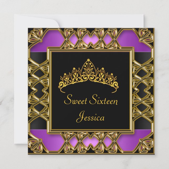 Invitación Dulce 16 cumpleaños Black Purple Gold Tiara (Anverso)
