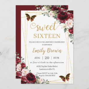 Invitación Dulce 16 cumpleaños Burgundy Rubor Floral Butterfl