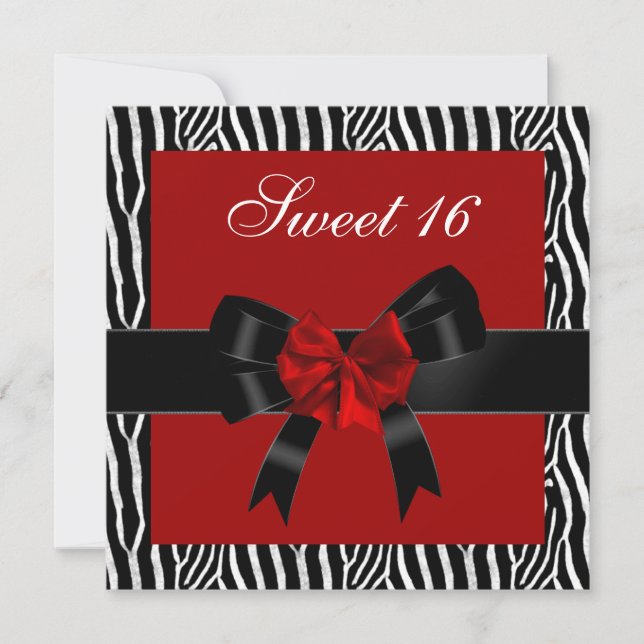 Invitación Dulce 16 Cumpleaños Cebra Rojo Negro Bow Blanco (Anverso)