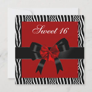 Invitación Dulce 16 Cumpleaños Cebra Rojo Negro Bow Blanco
