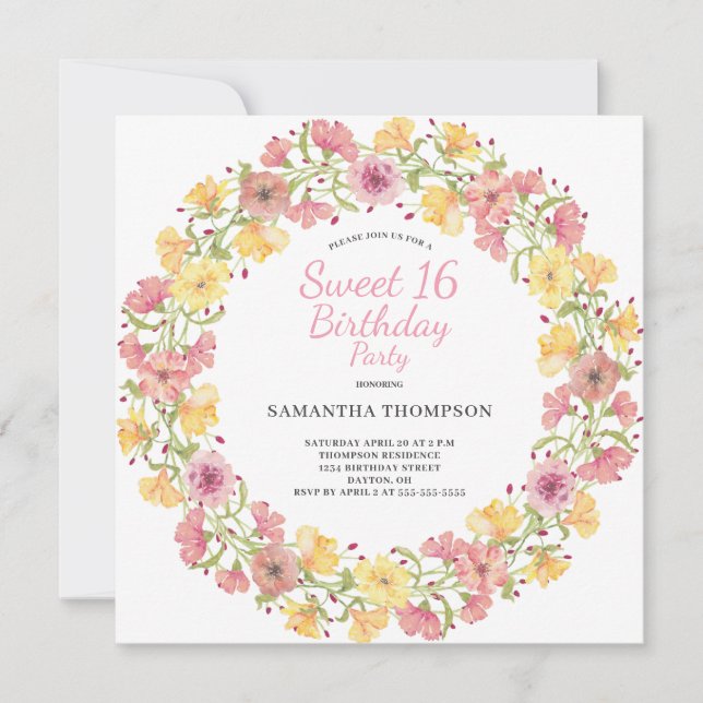 Invitación Dulce 16 cumpleaños con flores rosadas (Anverso)