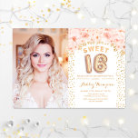 Invitación Dulce 16 cumpleaños con foto - Floral rosa dorada<br><div class="desc">Dulce invitación para fiestas de 16 años con tu foto. Cuenta con confeti dorado,  número de globo y rosas rosadas de color. Dulce y dieciséis diseños florales de clase con purpurina de faux glam. Perfecto para una elegante celebración del día 16.</div>