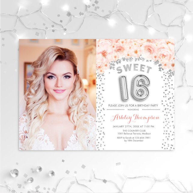 Invitación Dulce 16 cumpleaños con foto - Floral rosada plate (Subido por el creador)