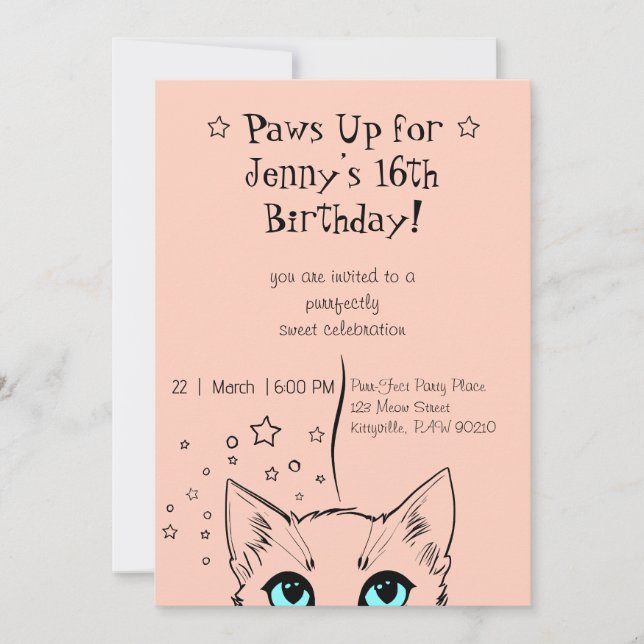 Invitación Dulce 16 cumpleaños con tema de gato (Anverso)