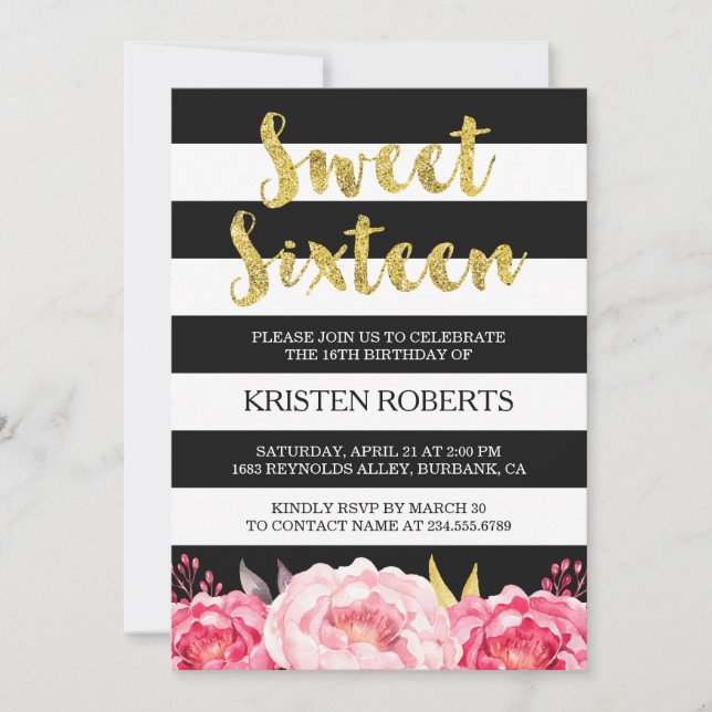 Invitación Dulce 16 cumpleaños Floral Oro Dorado Bandas Blanc (Anverso)