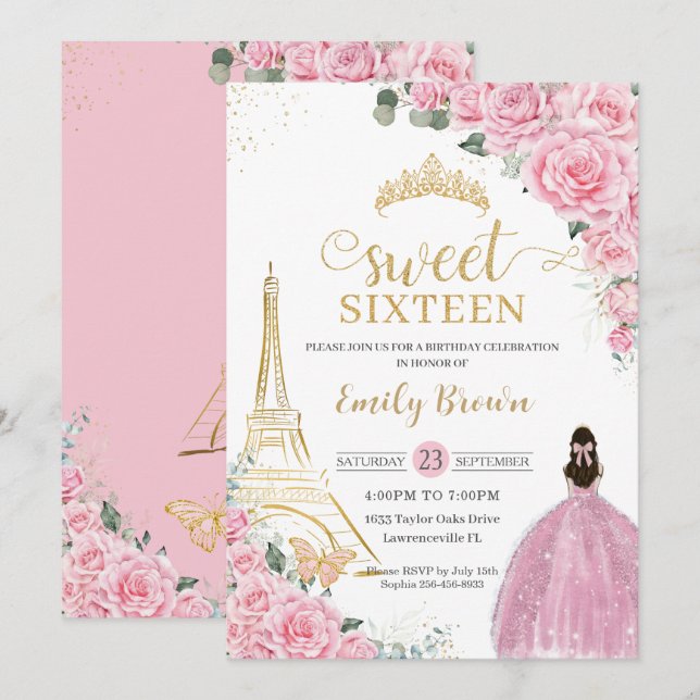 Invitación Dulce 16 Cumpleaños Floral Rosa París Eiffel Gold (Anverso / Reverso)