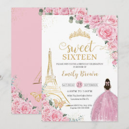 Invitación Dulce 16 Cumpleaños Floral Rosa París Eiffel Gold
