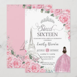 Invitación Dulce 16 cumpleaños Floral rosa París Eiffel Plata