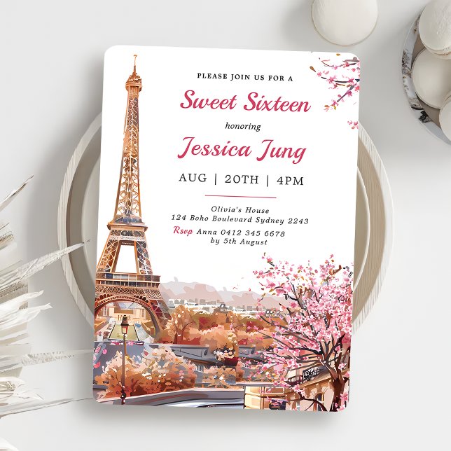 Invitación Dulce 16 cumpleaños Floral rosa París Torre Eiffel (Subido por el creador)