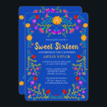 Invitación Dulce 16 cumpleaños floral Royal Blue Mexico Fiest<br><div class="desc">Royal Blue Sweet 16 Invitación para la celebración del 16º cumpleaños de su hija. Este tema floral presenta alegres y coloridas flores de arte folclórico mexicano en rojo, rosa, morado y amarillo sobre un fondo azul real. La parte trasera de la tarjeta está bordeada de más flores. La plantilla está...</div>