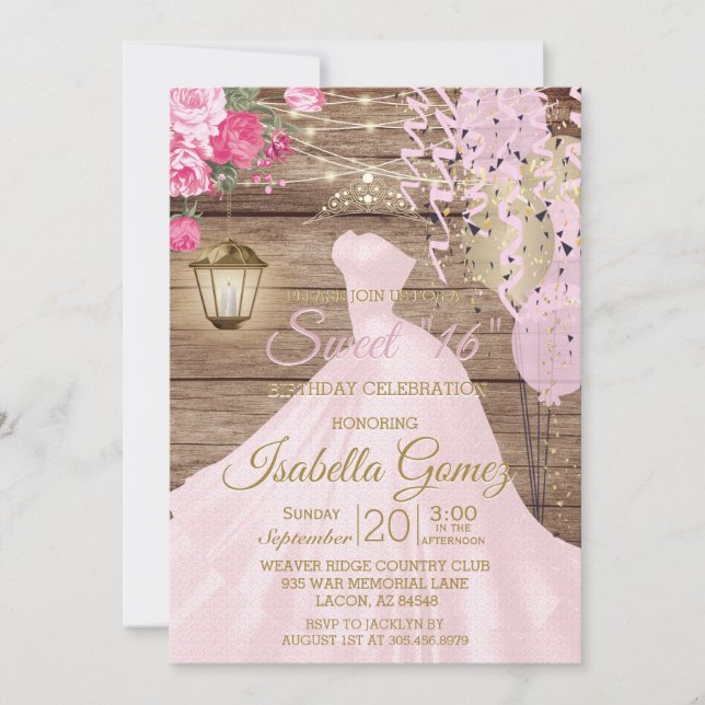 Invitación Dulce 16 Cumpleaños - Flores de madera y rosa (Anverso)