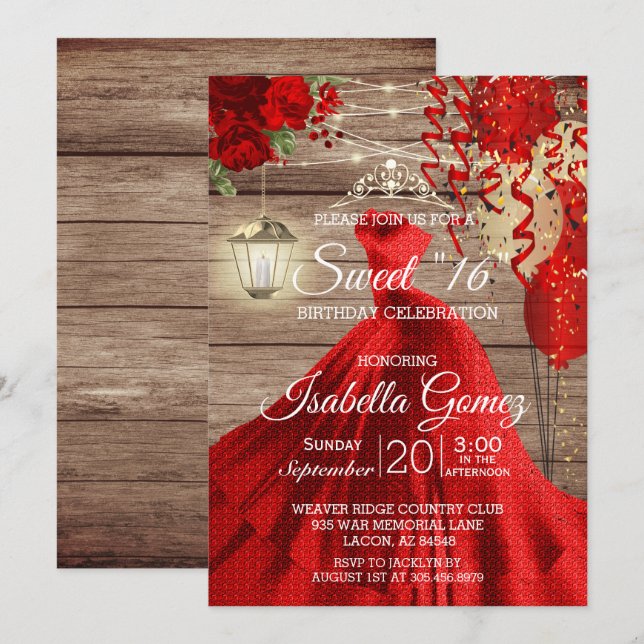 Invitación Dulce 16 Cumpleaños - Flores rojas y de madera (Anverso / Reverso)