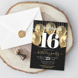 Invitación Dulce 16 cumpleaños Girly Glam Globo de oro en neg