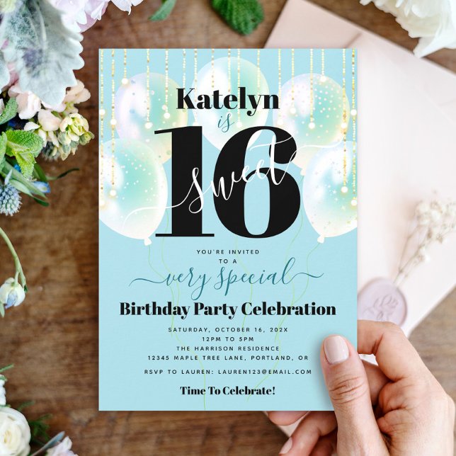 Invitación Dulce 16 cumpleaños Girly Glam Globos turquesa (Subido por el creador)