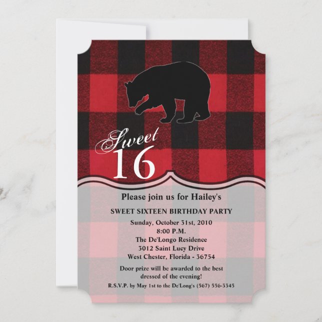 Invitación Dulce 16 Cumpleaños Invitar Oso de Buffalo Rojo (Anverso)