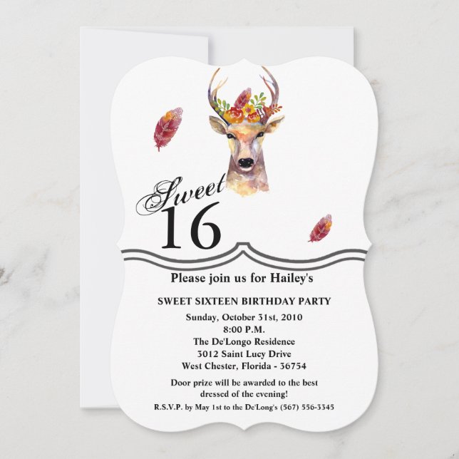 Invitación Dulce 16 Cumpleaños Invite a boho ciervo Cabeza de (Anverso)