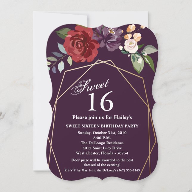 Invitación Dulce 16 cumpleaños Invite a ciruela Rosas púrpura (Anverso)