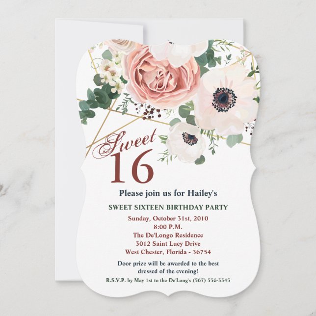 Invitación Dulce 16 Cumpleaños Invite a Rosa de Jardín Geomét (Anverso)
