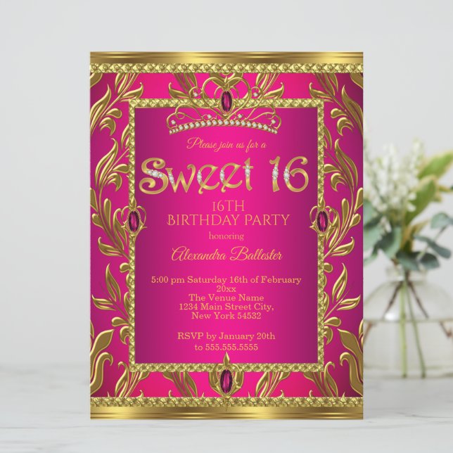 Invitación Dulce 16 Cumpleaños Joya Rosa Caliente Tiara Gold (Anverso de pie)