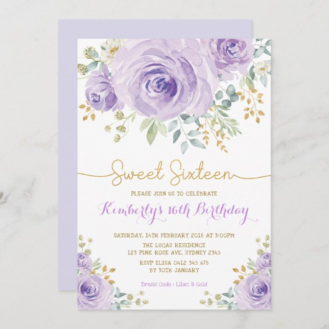 Invitación Dulce 16 Cumpleaños Morado Dorado Floral Dulce Die (Anverso / Reverso)
