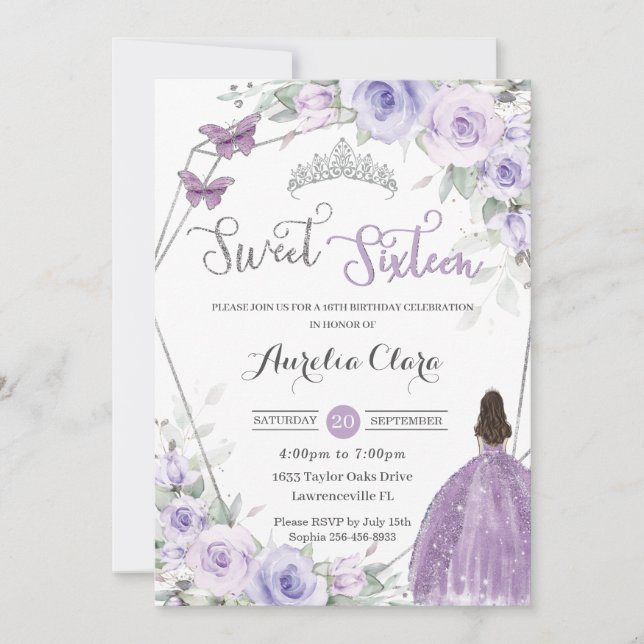 Invitación Dulce 16 Cumpleaños Morado Floral Princesa Plata (Anverso)