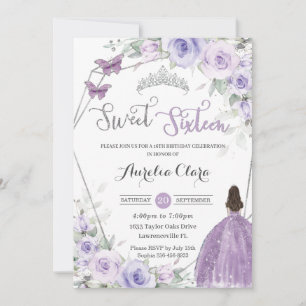 Invitación Dulce 16 Cumpleaños Morado Floral Princesa Plata