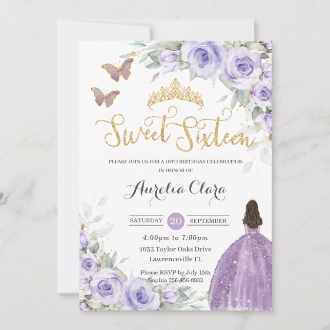 Invitación Dulce 16 cumpleaños morado Lavanda Floral Princesa (Anverso)
